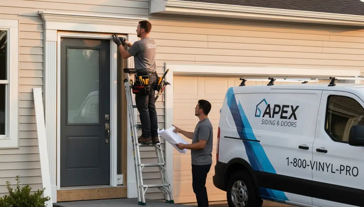 Technician repairing vinyl-sided door frame in San Antonio, TX home exterior