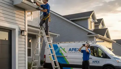 Technician performing vinyl siding and gutter inspection on home exterior in San Antonio, TX