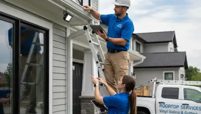 Technician performing gutter inspection on vinyl siding home in San Antonio, TX