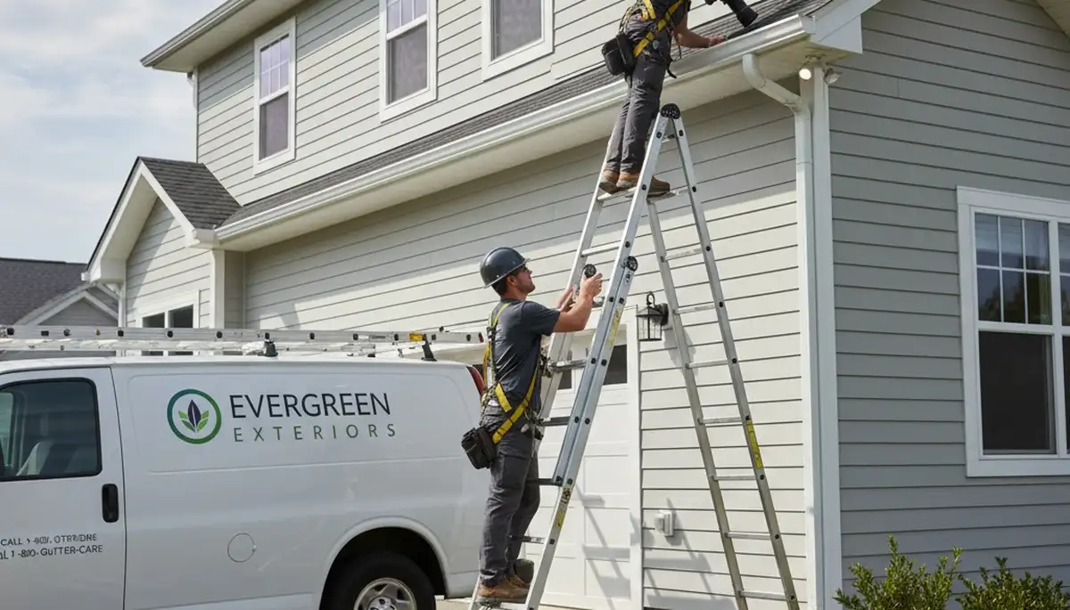 Technician performing gutter inspection on vinyl siding home in San Antonio, TX