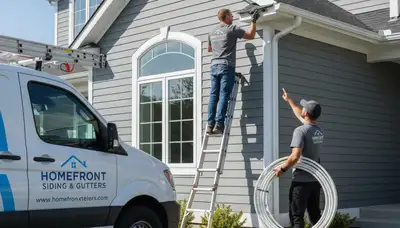 Technician repairing residential gutters and vinyl siding in San Antonio, TX