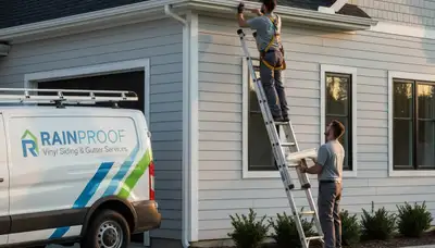 Technician repairing home gutters and vinyl siding in San Antonio, TX