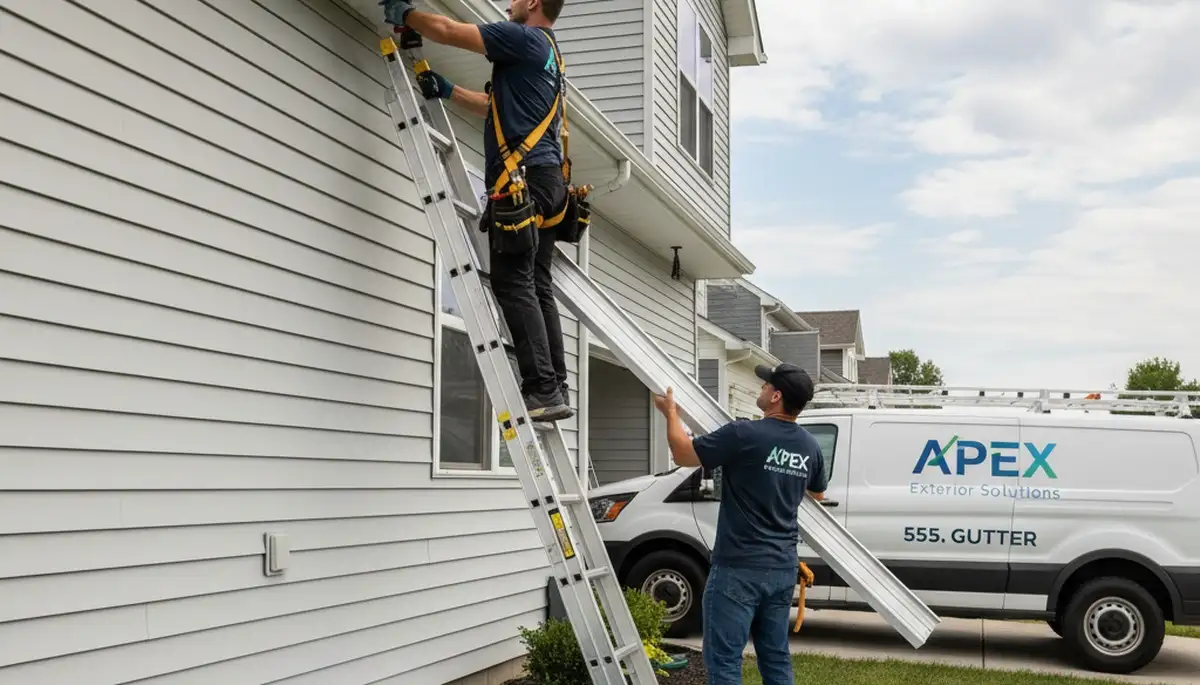 Technician repairing vinyl siding and gutters on home exterior in San Antonio, TX