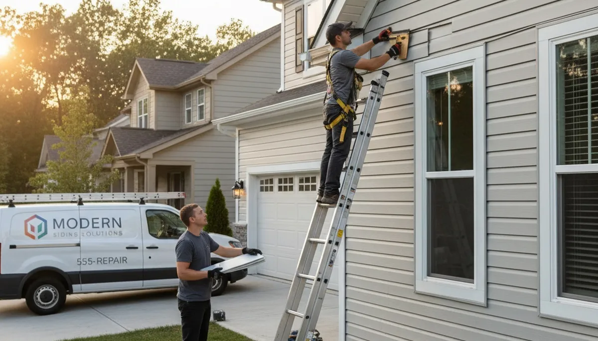 Technician repairing damaged vinyl siding on home exterior in San Antonio, TX