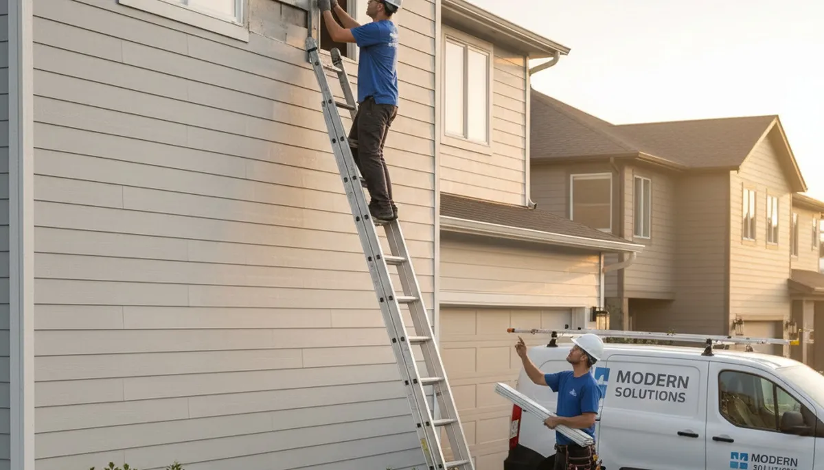Technician repairing damaged vinyl siding on home exterior in San Antonio, TX