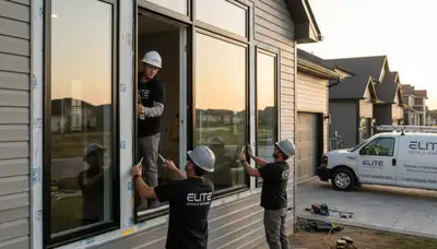 Technician installing energy-efficient vinyl windows on home exterior in San Antonio, TX