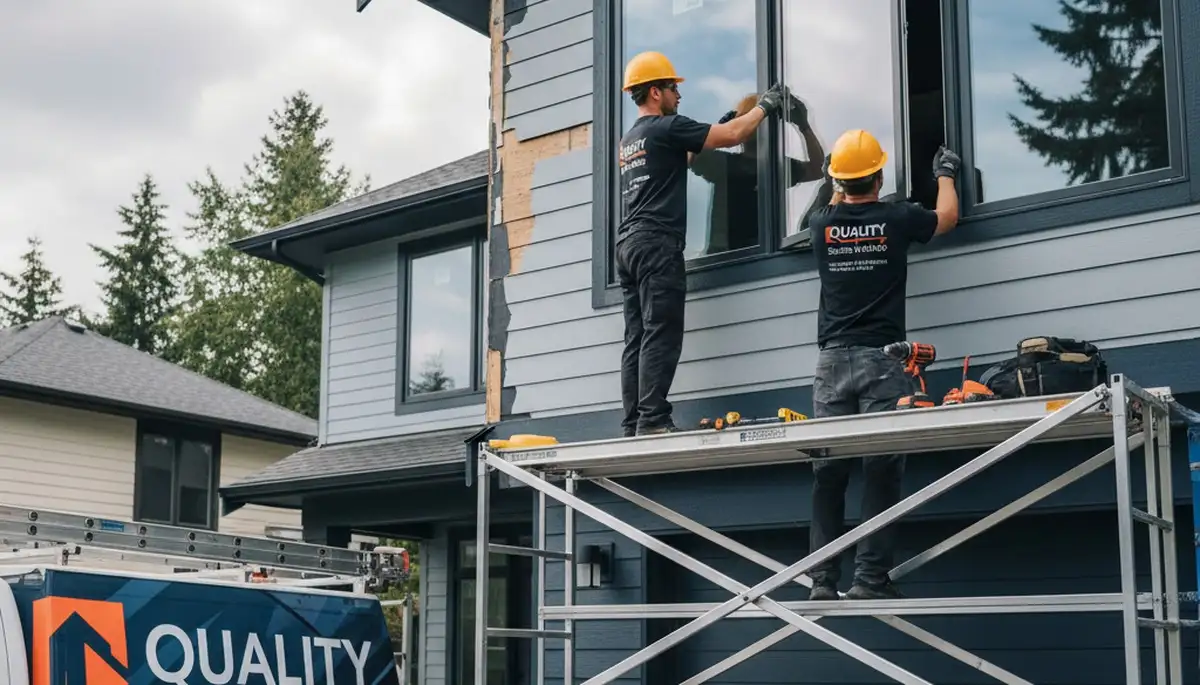 Window repair technician fixing a damaged window in San Antonio, TX for Next Level Exteriors